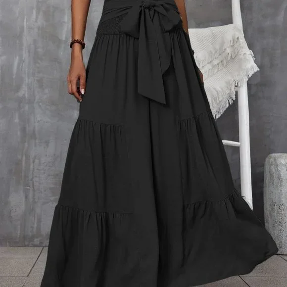 Shirred Waist Tie Front Ruffle Hem Wide Leg Pants black